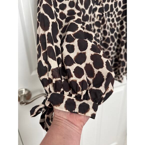 Cara Cara V Neck Blouse animal print cuff ties brown tan small - Picture 9 of 13